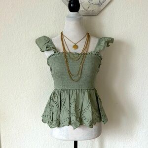 Japna • Sage Eyelet Peplum Top